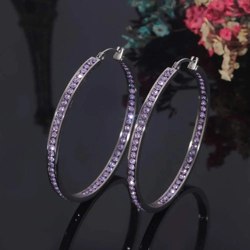 Multicolor Crystal Stainless Steel Hoop Earrings Big Hypoallergenic for Sensitiv